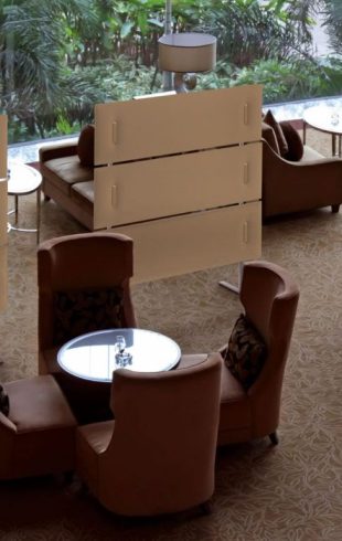 Elegant cafe lounge waiting area with tables and sofas